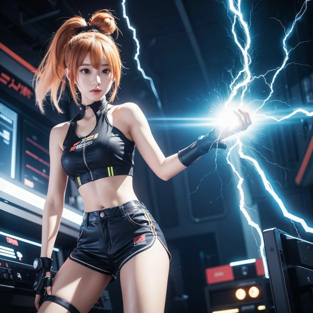 girl anime, pretty, crop top, short shorts, futuristic, gamer, background with rays of electricity