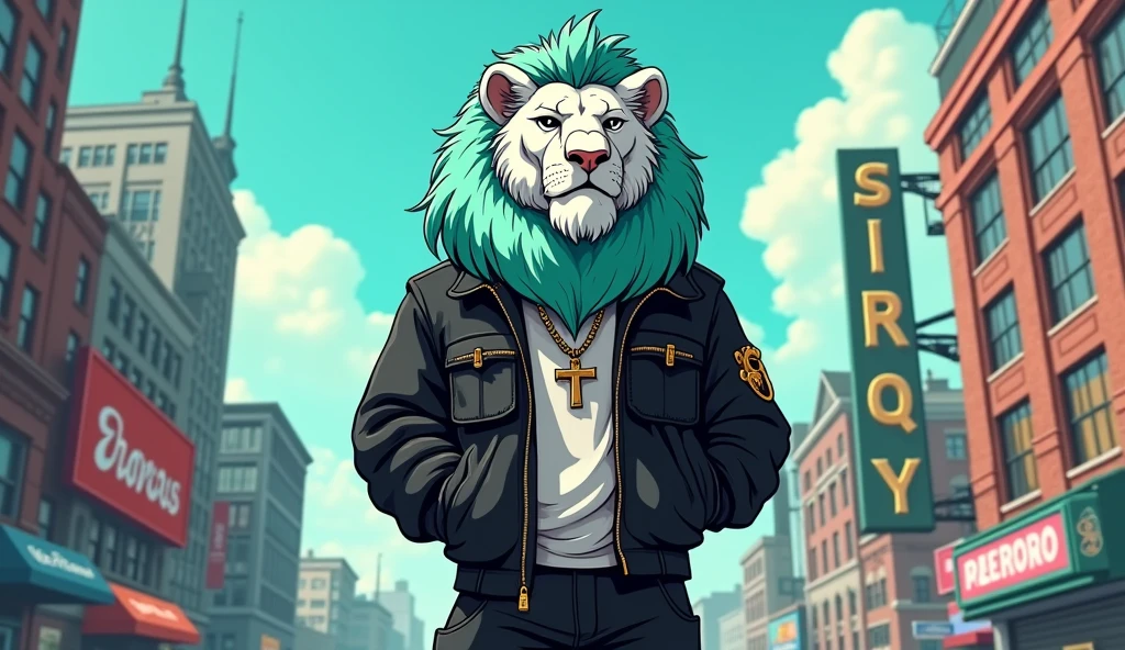 white lion with aquamarine green mane cartoon style full body standing, with a black jacket and black pants that looks rapper style with an urban background accompanied by advertising