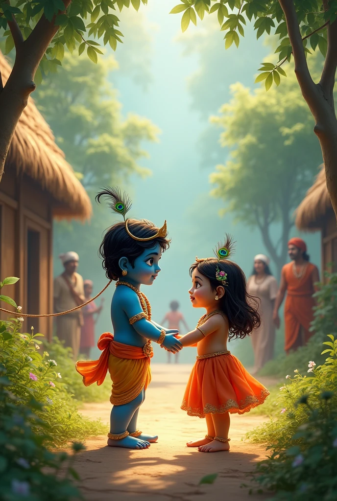 God child krishna with child radha in a village playing surrounded by farmers cinematic