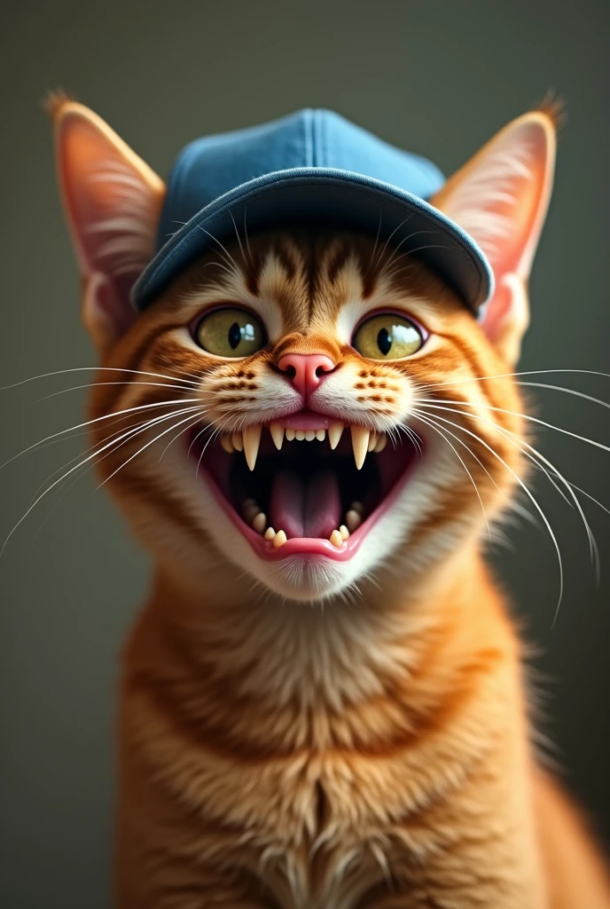 Create an image that depicts an orange cat with an exaggerated, almost cartoonish appearance. The orange cat is wearing a blue baseball cap backwards. Its eyes are very large and wide open, giving it a crazed or intense expression. The orange cat's teeth are prominently displayed in a wide, unsettling grin, with sharp, pointed canines that are more exaggerated than those of a typical cat. The overall look of the orange cat is somewhat humorous but also a bit unsettling, with a hyper-realistic yet distorted facial expression.