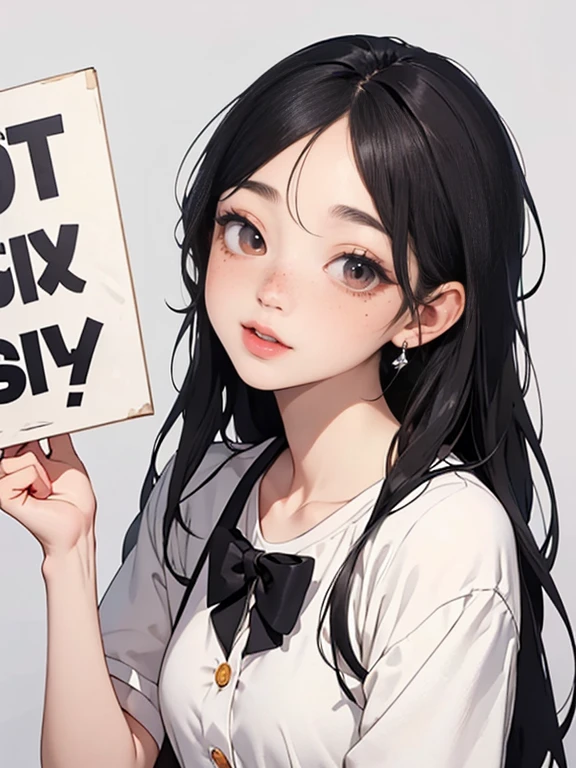 Highest quality, Masterpiece in anime style, (alone:1.1),A beautiful and cute woman holding up a sign "Lucky Pervert",Sensual, Cute Freckles, Mole under the left eye,