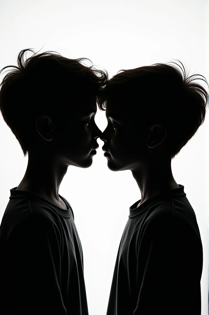 Silhouettes of two boys' faces very close and a white background