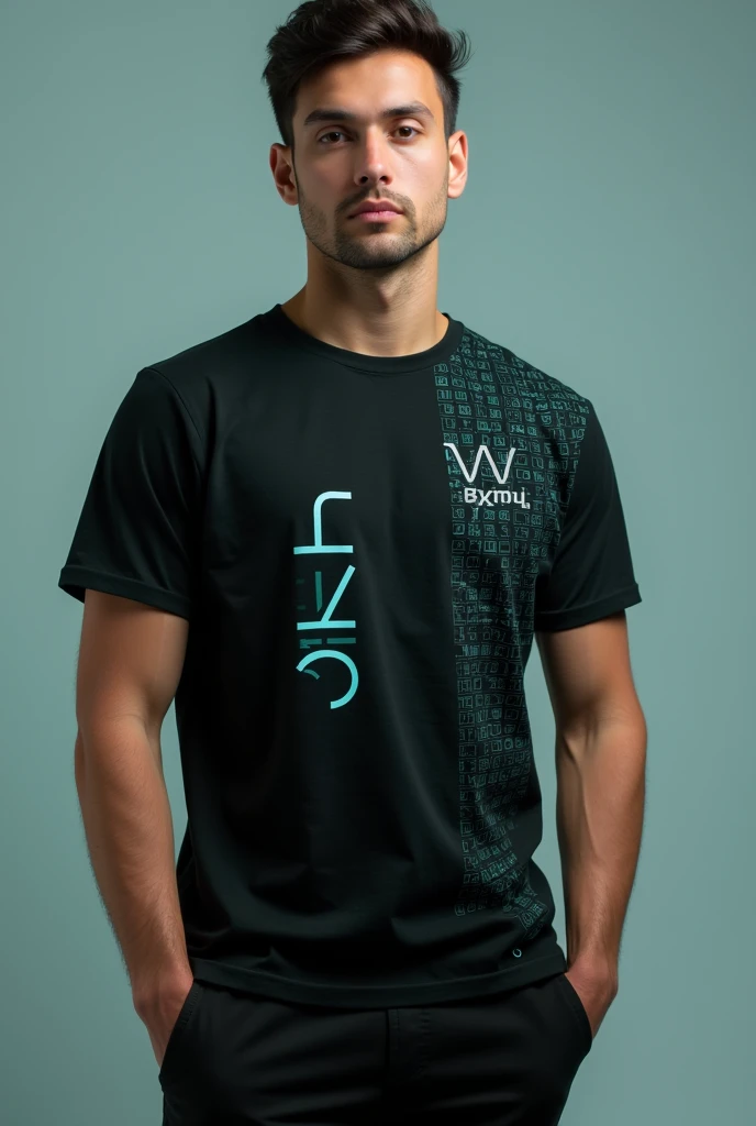 Black t-shirt with light turquoise details related to numbers

