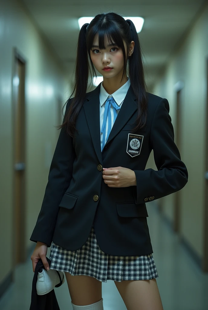 Ultra-realistic, Wide Shot, 1. woman, Japanese , Twin tails, big, A sharp gaze shines, Long eyelashes,Imabari Higashi High School blazer uniform,Light blue ribbon, Checked mini skirt, White calf socks and white sneakers, Holding a pair of black Puma underwear、, Chiaki Kuriyama, Gogo Yubari, Kill Bill, indoor, Bokeh effect, Written boundary depth, Ultra-realistic, Professional photography, Cinema Lighting