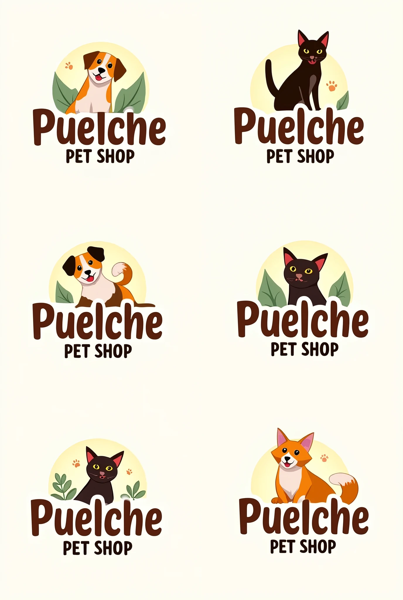 create a large image with six diferents logos for a pet food for dogs and cats store, use vibrant but elegant colors combination, the company is called Puelche pet shop, maybe you can put a cat and a dog into the logo, make whatever you think is better to create 6 amazing logos