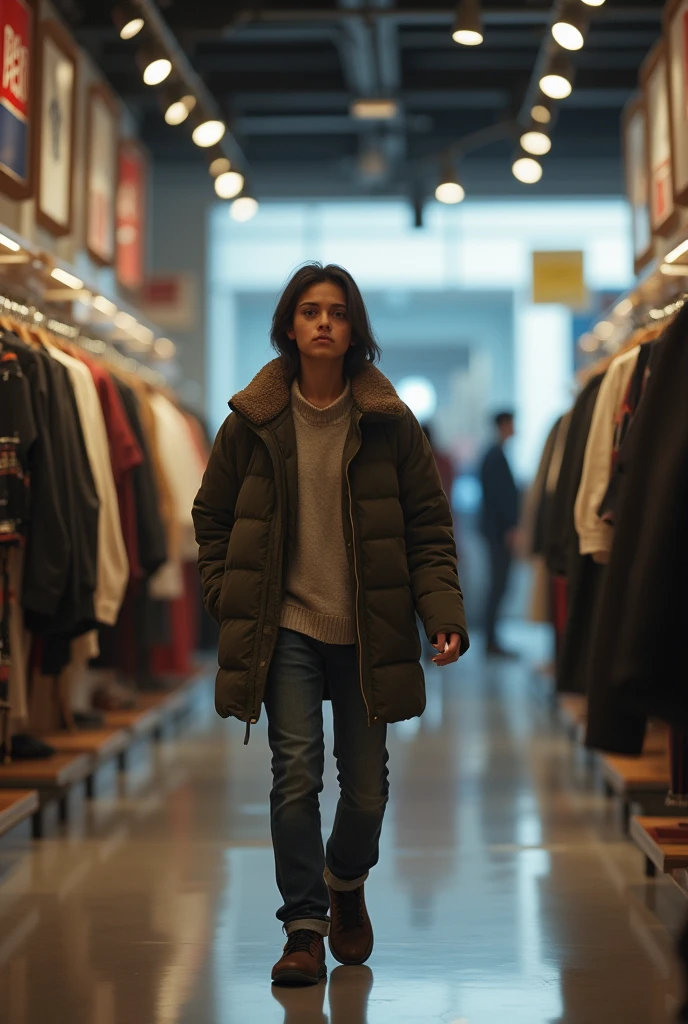 I want an image of a silent customer in a clothing store who looks distracted and self-absorbed..