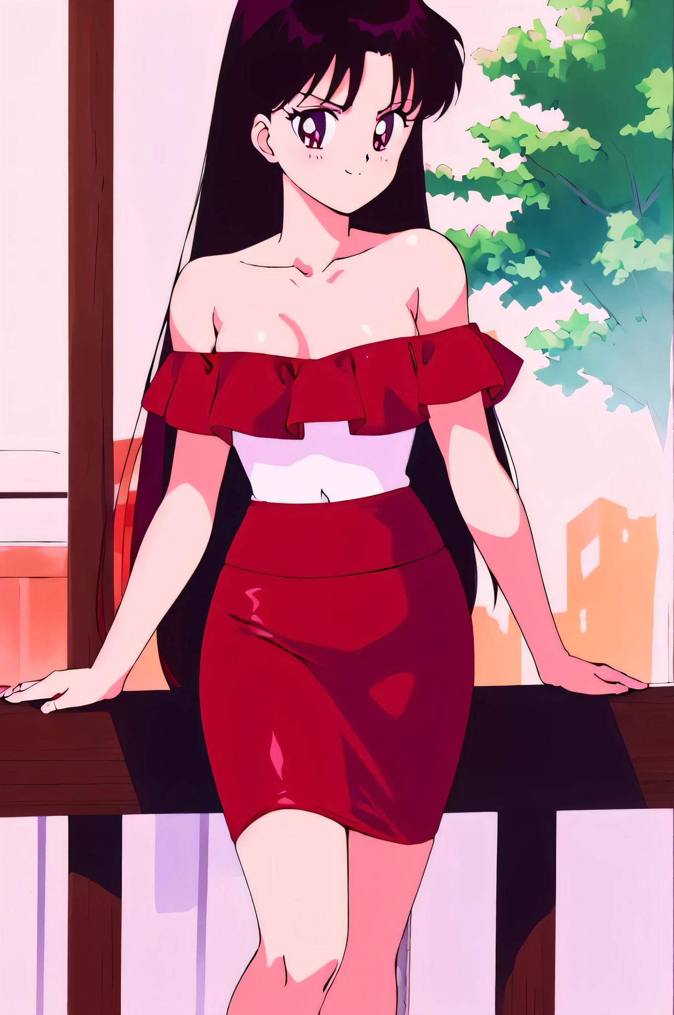 (retro anime girl:1.2), (masterpiece:1.2), (best quality), (ultra detailed), (8k,4k), (half body:1.2), (cowboy:1.2), (close up:1.2), (highly detailed:1.2), (Red Ruffle Off-the-shoulder top:1.4), (red skin tight pencil skirt:1.4), Rei Hino, 1 girl, solo, Best quality, masterpiece, High Definition, Teenager, Purple Eyes, Beautiful Detail Eyes, Black Hair, Long Hair, Good hands at sides, Seductive Smile, Blushing, Bare Neck, Bare Arms, Bare Shoulders, short sleeve, Strapless, Red Ruffle Off-the-Shoulder Top, red skin tight pencil skirt, standing at the railing in her garden, looking at viewers, garden, sunset skies, rose bushes, outdoor gazebo