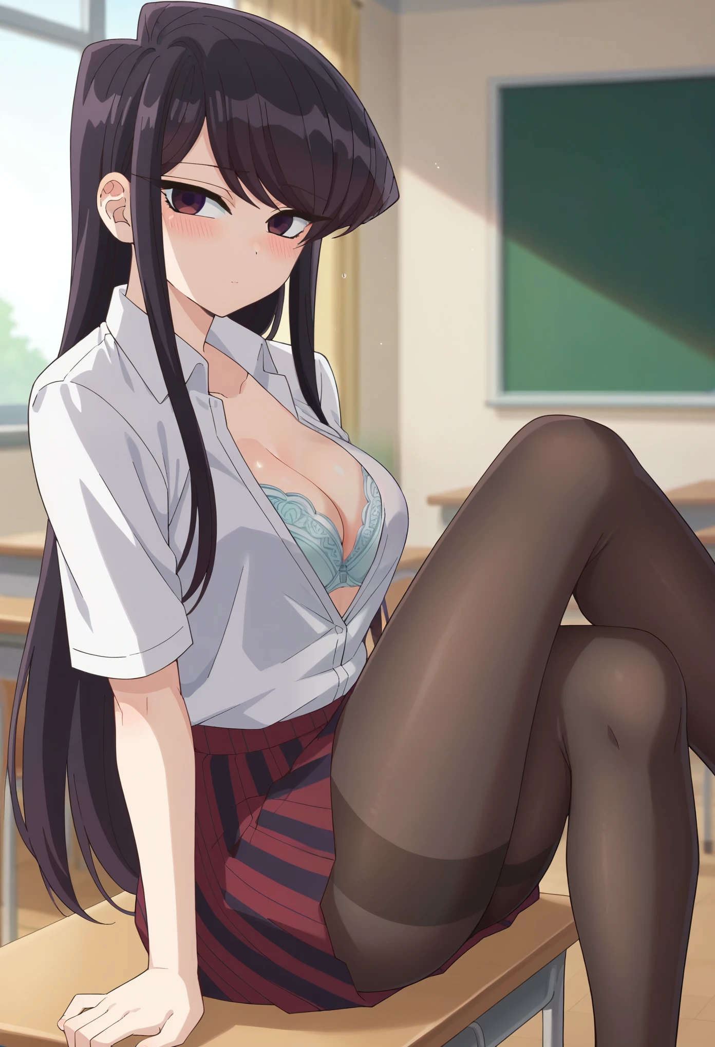 score_9, score_8_up, score_7_up, source_anime,
Komi shouko,
1girl, ((shy)),
Black hair, long hair, purple eyes, collared shirt, white shirt, (red skirt), striped skirt, ((thick tights)), big boobs,
standing, looking at viewer,
indoors, classroom, blurry background, (undressing shirt), ((bra)), ((blush)), sitting, ((cross legs))