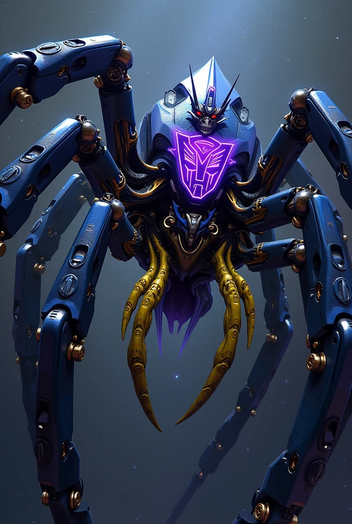 I want an image of a dark blue spider-shaped transformer with the Decepticon symbol on the chest in violet with Megatron's face, with yellow tentacles coming out of his waist and a golden mechanical tail , and it has two blue and black mechanical legs flying through space and stars in the background