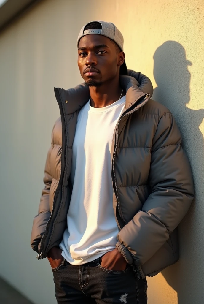 best qualityer:1.4), (ultra high resolution:1.2), (photorrealistic:1.4), (8k, CRU photo:1.2), ung black man, 20 years old. he is wearing a white shirt, gray puffer coat on top. He is wearing black jeans. Corte de cabelo buzzcut. He's wearing a gray cap backwards. He's leaning against a wall. Corte de cabelo buzzcut. thin build. It's not blurry in the background. thin build. thin build. has 1.75 tall. There is a sun . best qualityer:1.4), (ultra high resolution:1.2), (photorrealistic:1.4), (8k, CRU photo:1.2), 1.75 tall. The camera focuses on the face.
