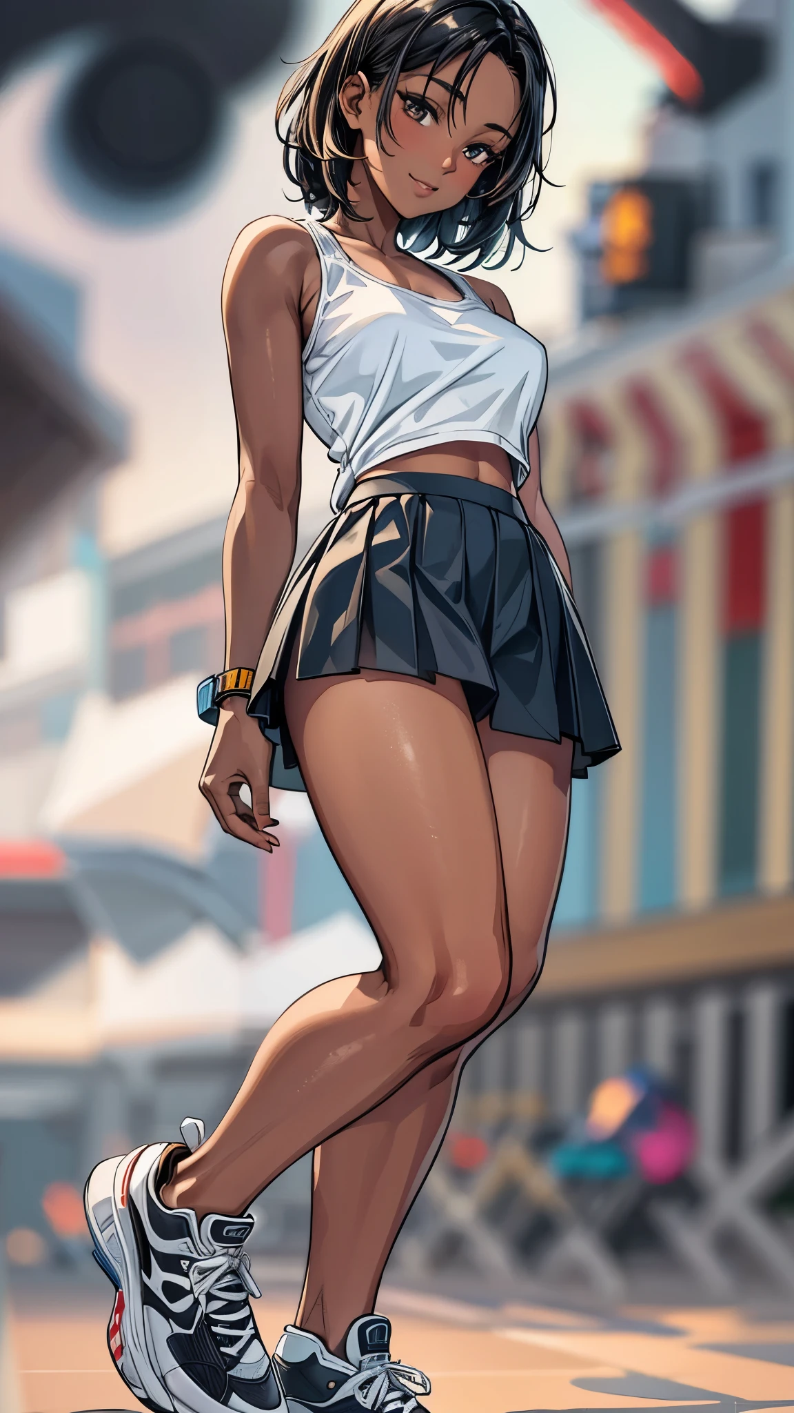 ((2.0 Look Away),((whole body)),Beautiful attention to detail, Beautiful lip detail,One of the Japanese girl,In the park,((Dark skin tone 2.0)), (Very short black hair),((Lonely Smile)),casual ((Long jersey tops with line,tight mini skirt)),((High-top sneakers)),quality, 4K, 8k, High resolution, masterpiece:1.2, Very detailed, Realistic, photoRealistic, photo-Realistic:1.37, High resolution, High resolution, Studio Lighting, Ultra-fine painting, Sharp focus, Physically Based Rendering, Very detailed explanation, Professional, Vibrant colors, bokeh, Portraiture