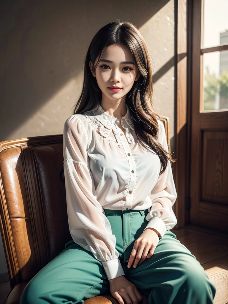 ((Very detailed)), (Highest quality), ((masterpiece)), ((Very exciting)), ((8k)), ((1080P)), ((Very clear)), ((Very sophisticated)),((Natural light)), ((Depth of written boundary)), ((Shine肌)), ((Shine)), ((Shine)), (3d)), ((Perfect Anatomy)), (Realistic skin texture), ((Detailed face description)), (((Perfect balance))), (((alone))), (()), (grinned)), (Slanted Eyes), (Sitting), (grinned), (blouse), (pants), ((Realistic Background)),