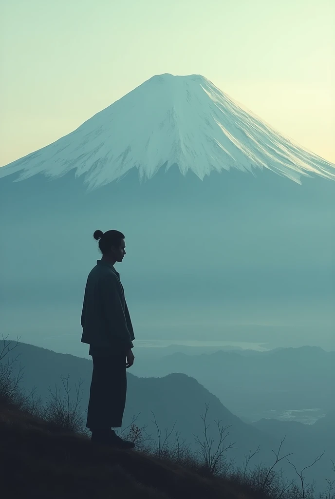 Shadow of japanese man with music in his head, mt.fuji