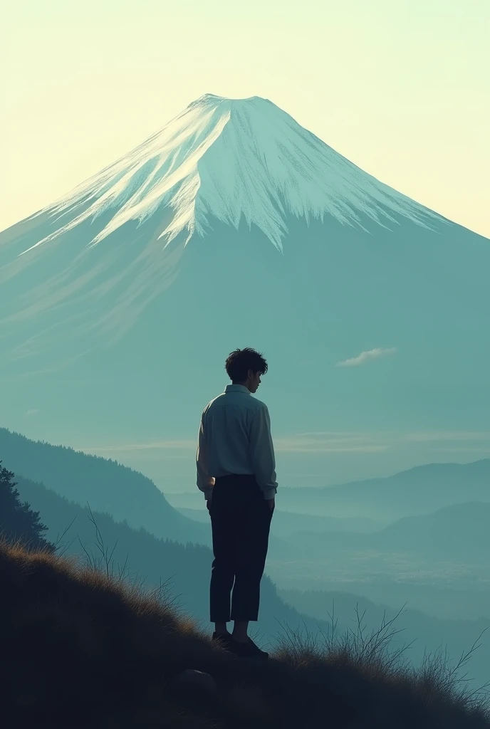 Shadow of japanese man with music in his head, mt.fuji