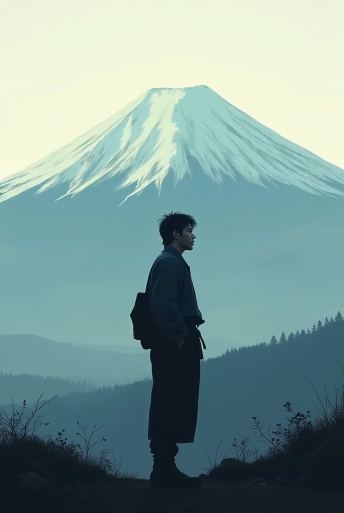 Shadow of japanese man with music in his head, mt.fuji