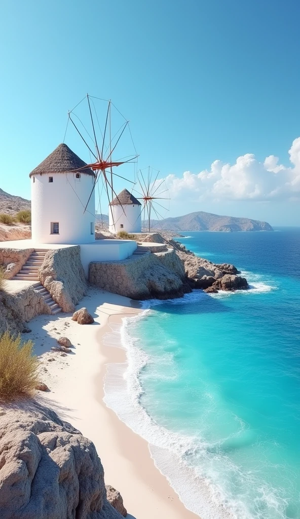 "Windmills and beautiful beaches, blue sea and white sandy beaches, scenery of Mykonos Island"