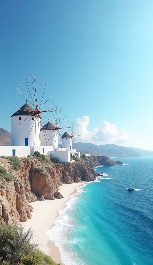 "Windmills and beautiful beaches, blue sea and white sandy beaches, scenery of Mykonos Island"