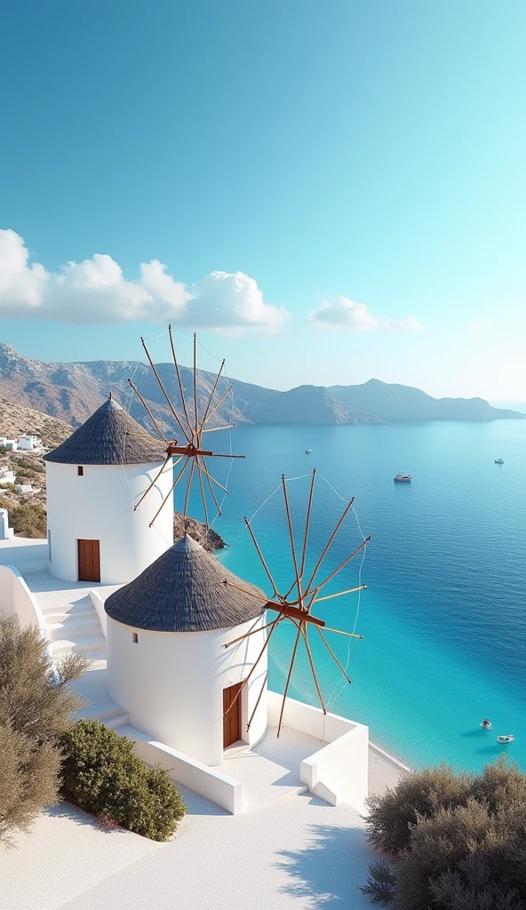 "Windmills and beautiful beaches, blue sea and white sandy beaches, scenery of Mykonos Island"