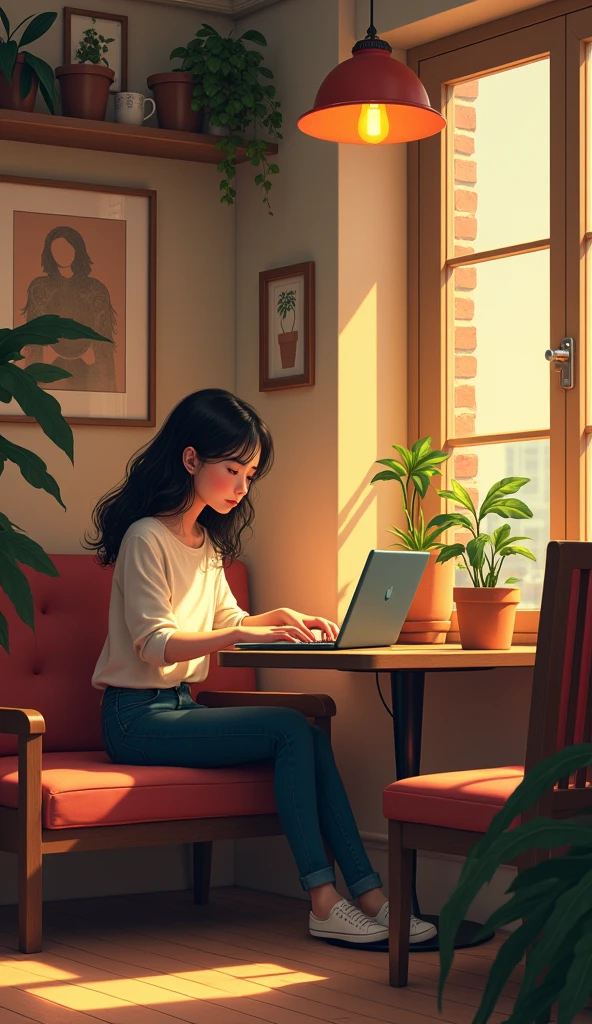 Make an illustration of a coffee shop, a place full of tranquility., and there is a laptop on the table playing music, girl is alone
