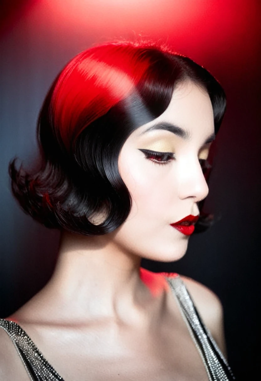 Photo noire et blanc, film noir style, Maginifique, 1fille, Seulement, demi-corps, Dramatic lighting, monochrome, high contrast, ombres dramatiques, flapper 20s style, Mysterious, cinematic, Bright red lips (((Only lips red))), looking at the viewer