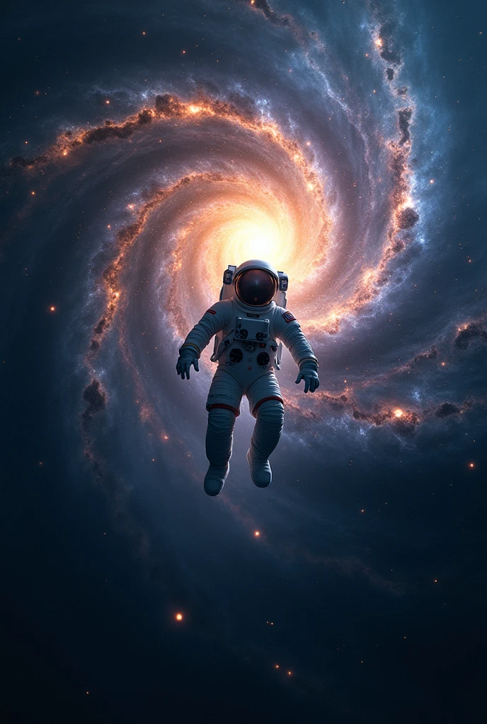 A background of galaxies immersed in a deep darkness and an astronaut in the middle falling into the void