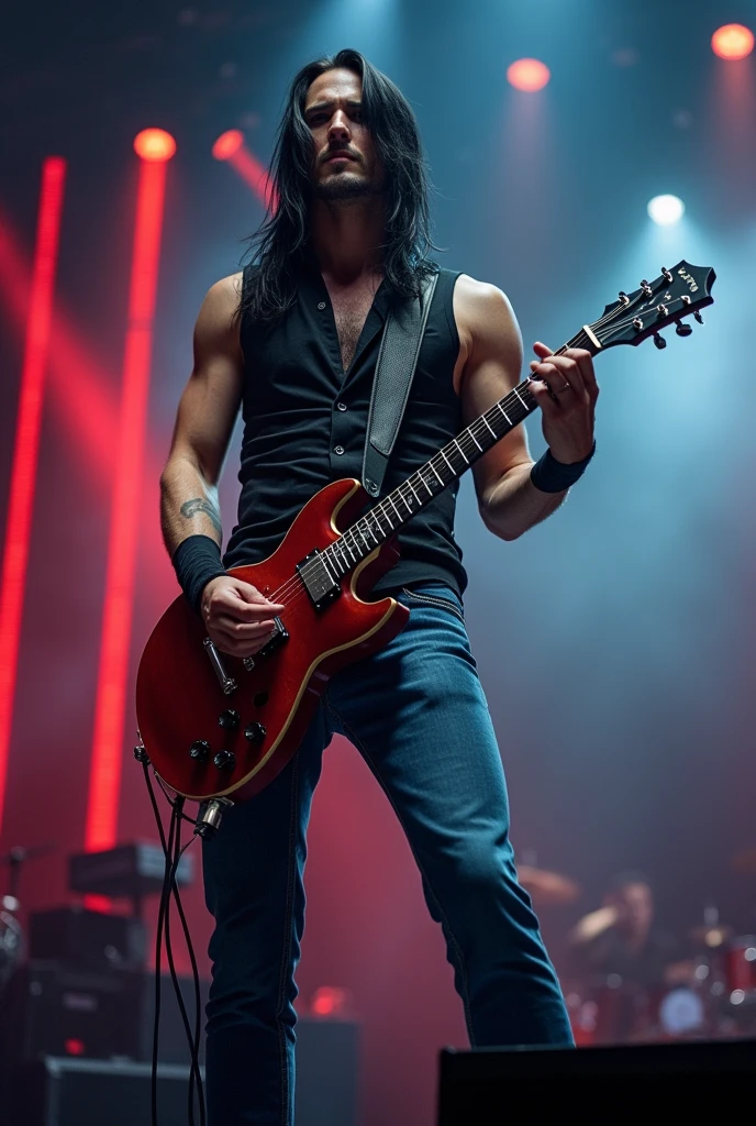 Handsome tall man with 6'2 height, 75 kg weight lean muscular body, rockstar guy, sharp brown eyes, big eyelashes; sharp jawline and chin and seductive looks, long and straight black hairs over shoulders and back; in blue jeans; perfect guitar player on stage; seed 1060316994