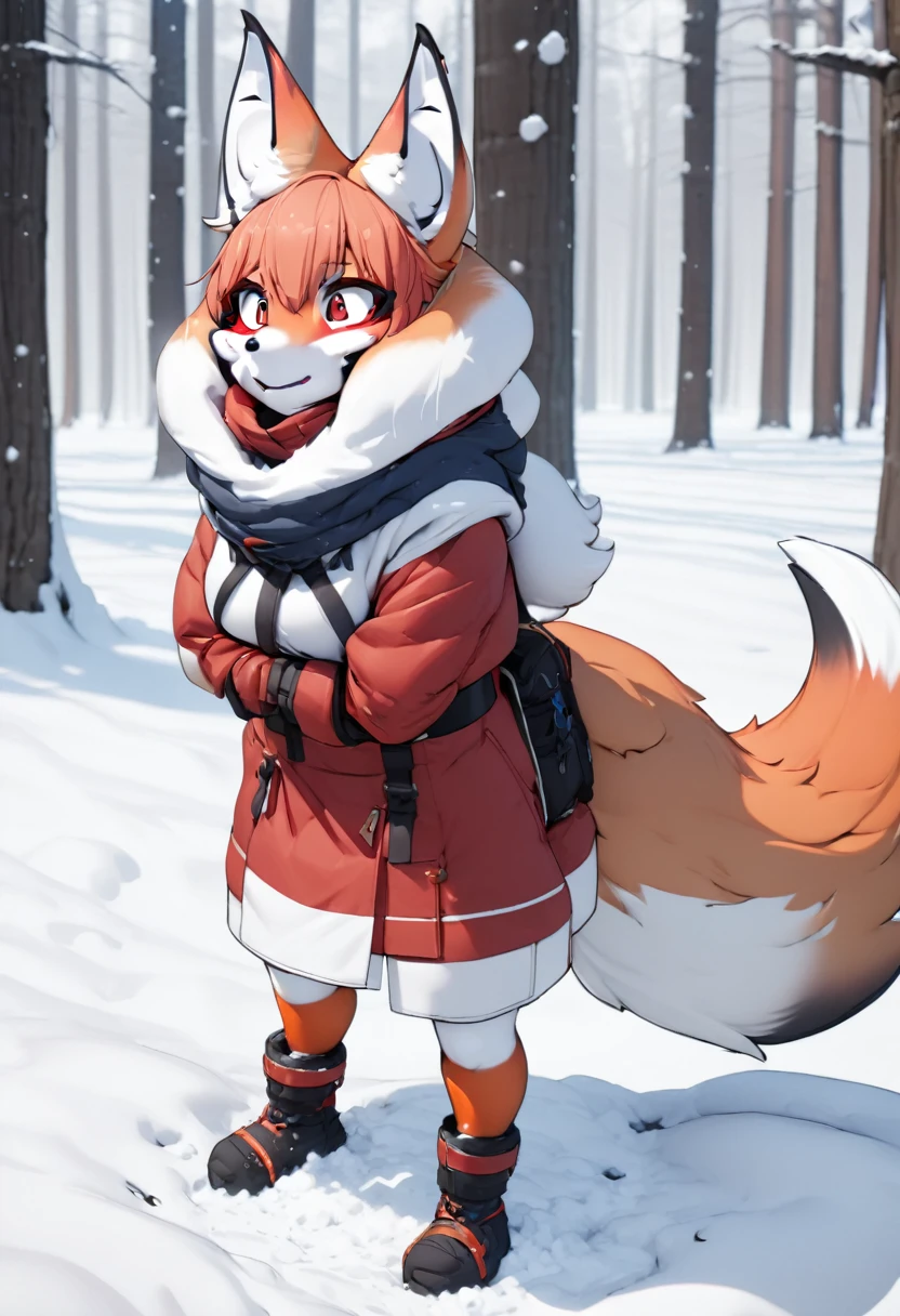 (masterpiece, best quality:1.2), 1 girl, solo, full body, (anthropomorphic Red Fox, furry, kemono:1.2), Diving headfirst into the snow to hunt, background is snow field in forest, Generated in SFW