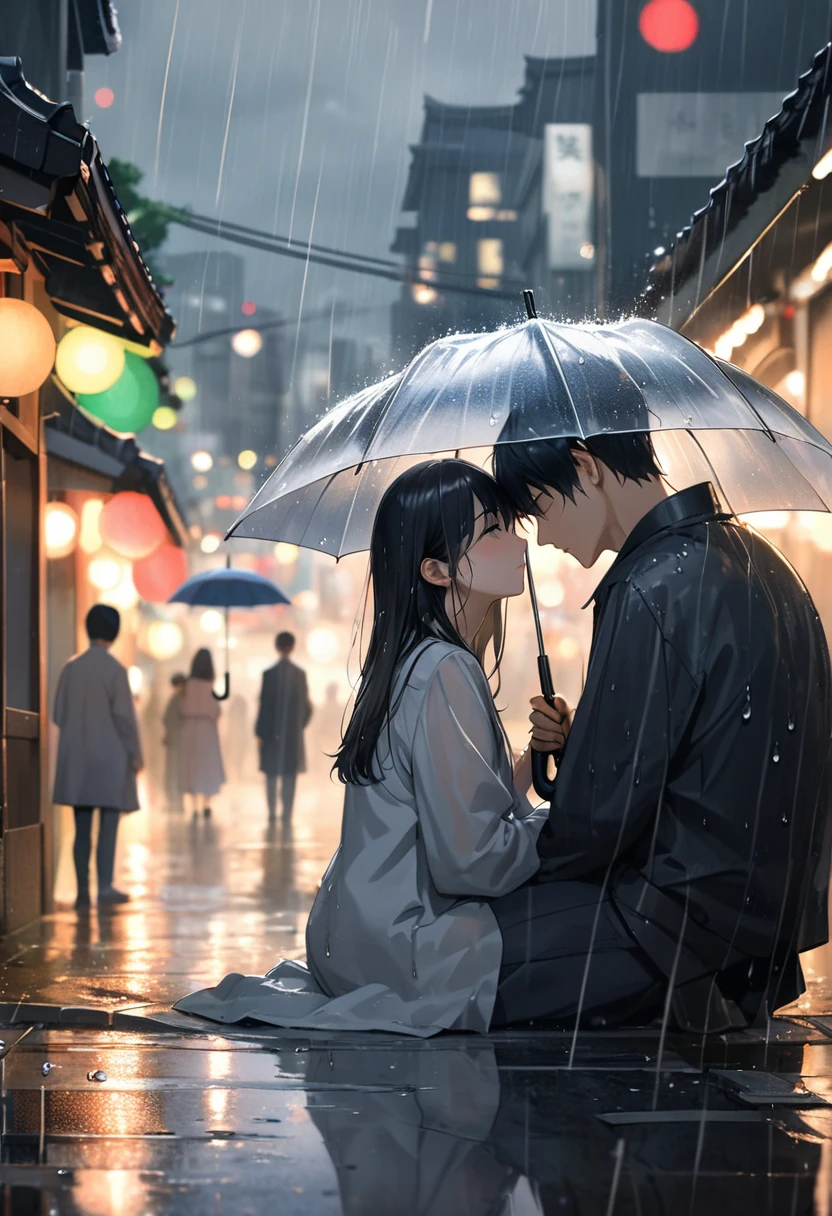 Raindrops mimic unshed tears as they cascade over the solemn faces of a young Korean couple amidst a heartrending parting, their heads bowed under the evocative grey skies of Seoul cityscape, forgoing umbrellas, evoking a poignant absence of shelter, digital painting, rain-streaked, soft focus, bokeh lights, reflective wet streets, dramatized melancholy,
