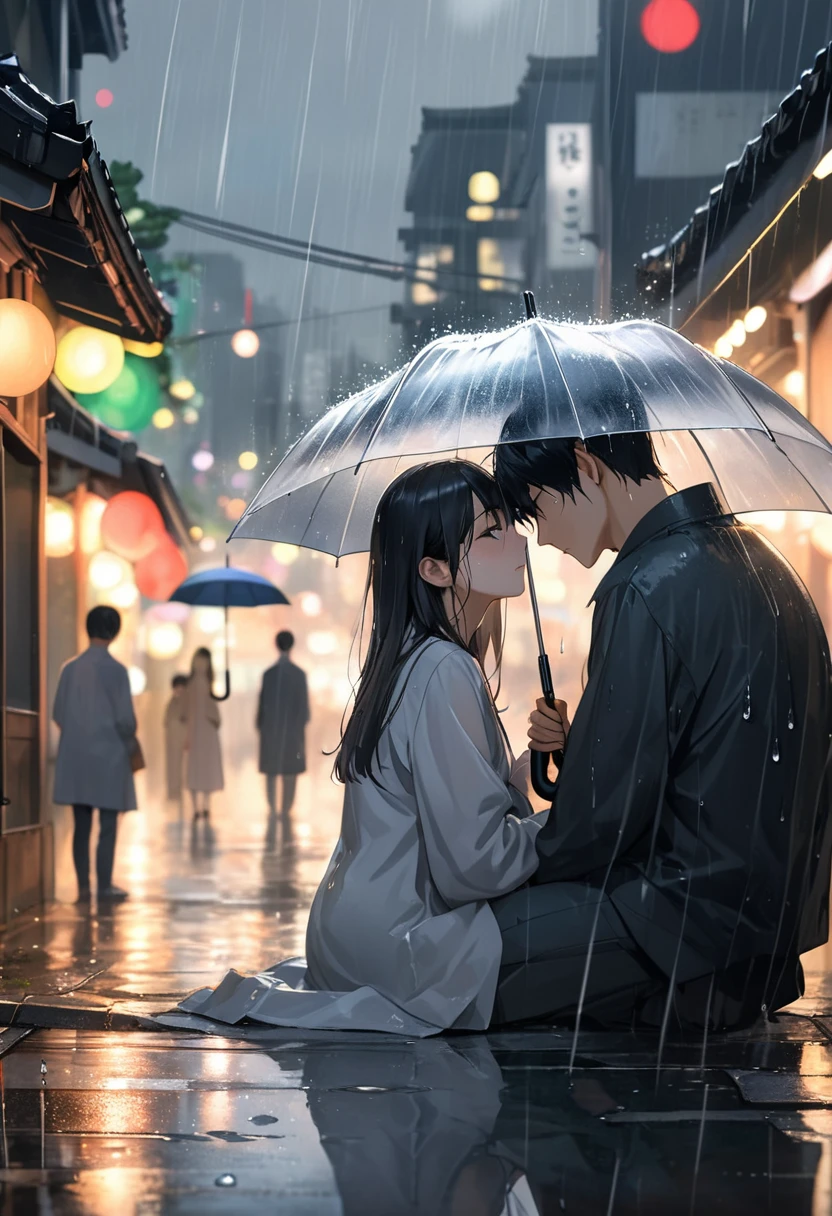 Raindrops mimic unshed tears as they cascade over the solemn faces of a young Korean couple amidst a heartrending parting, their heads bowed under the evocative grey skies of Seoul cityscape, forgoing umbrellas, evoking a poignant absence of shelter, digital painting, rain-streaked, soft focus, bokeh lights, reflective wet streets, dramatized melancholy,
