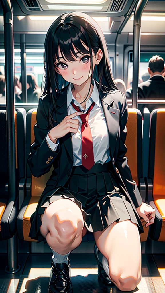 (8k, RAW Photos, 最high quality, masterpiece:1.2), high qualityのRAWカラー写真, Professional photo shoot, Cinematic Light, alone, (((young woman, Gal))), (Sharp features), (Small face), (Skin with attention to detail:1.2), clavicle, Cute Face, Beautiful appearance, Long eyelashes,Girl Turning Around, smile, (Black Hair, Long straight line), high school student, Red tie, High School Uniform:1.2, Black jacket, Open jacket, Jacket cuff buttons, White shirt, Check skirt, Night Park, Confident attitude, Capture the happy moment, Artistic painting,Attractive thighs, loose socks:1.2, sneakers:1.2, (Very nice touch:1.2), (はにかんだsmile), Peaceful atmosphere, Oil painting style, Bright colors, (Crowded train, Full body portrait), Smooth texture, Gazing Eyes, Beautiful Skin, Glowing Skin, ((Perfect Fingers, Five Fingers, Anatomically correct)), Background Blur, high quality, Surreal, ((Very detailed, photo shoot)),(Skirt flip、I can see her panties),,(((Skirt Lift、Sexy panties look)))、Many people々、blush、Plump、((Blowjob))、Lick、Side view、Squat、((Sucking a man's))、中年男の前でSquat、Grabbing the penis with your hand、Blowjob、Erect penis、Grabbing the man's lower body、Man's、nsfw