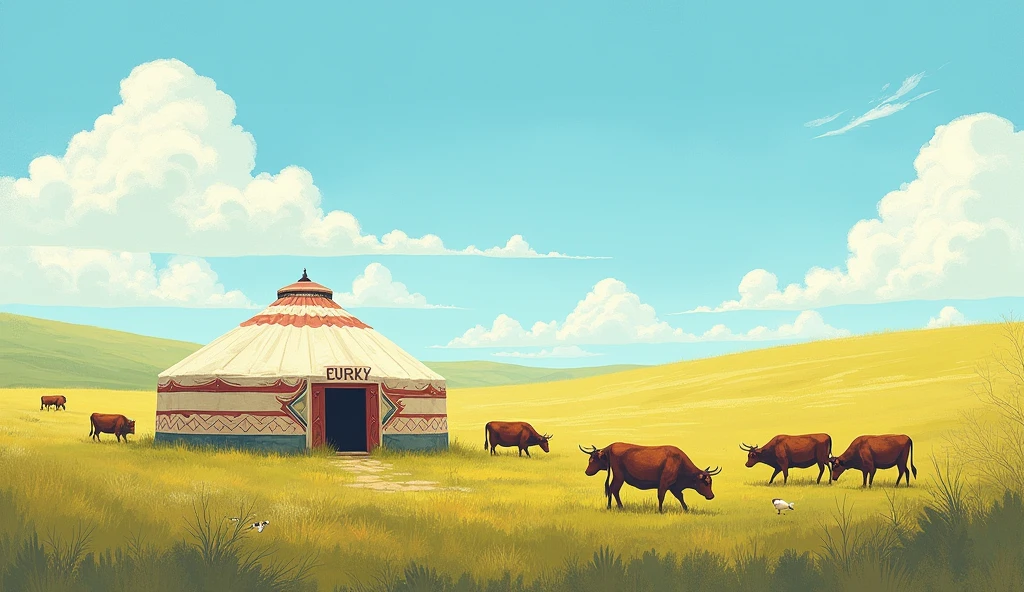 Blue sky、White Cloud、prairie、Yurt、Cattle,16:9 landscape screen,Illustration texture