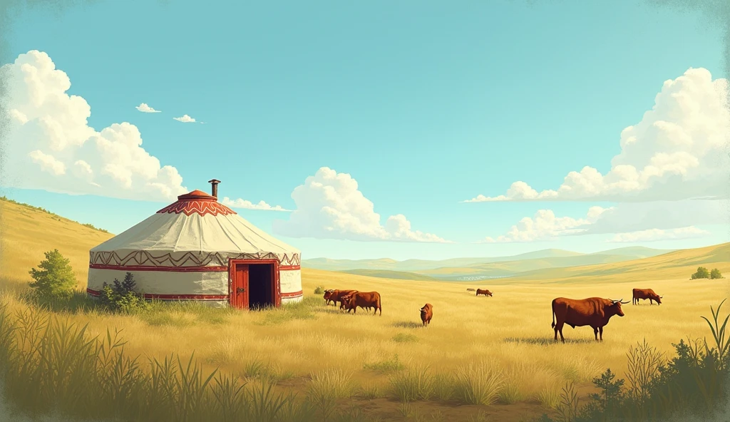 Blue sky、White Cloud、prairie、Yurt、Cattle,16:9 landscape screen,Illustration texture