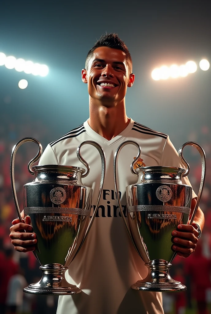 Ronaldo and his Trophies** :
   "Cristiano Ronaldo posant fièrement avec plusieurs trophies de la Ligue des Champions, un grand smile sur le visage. The lights shine around him, créant une atmosphère de victory. Keywords : Cristiano Ronaldo, trophies, victory, smile, prestige."


