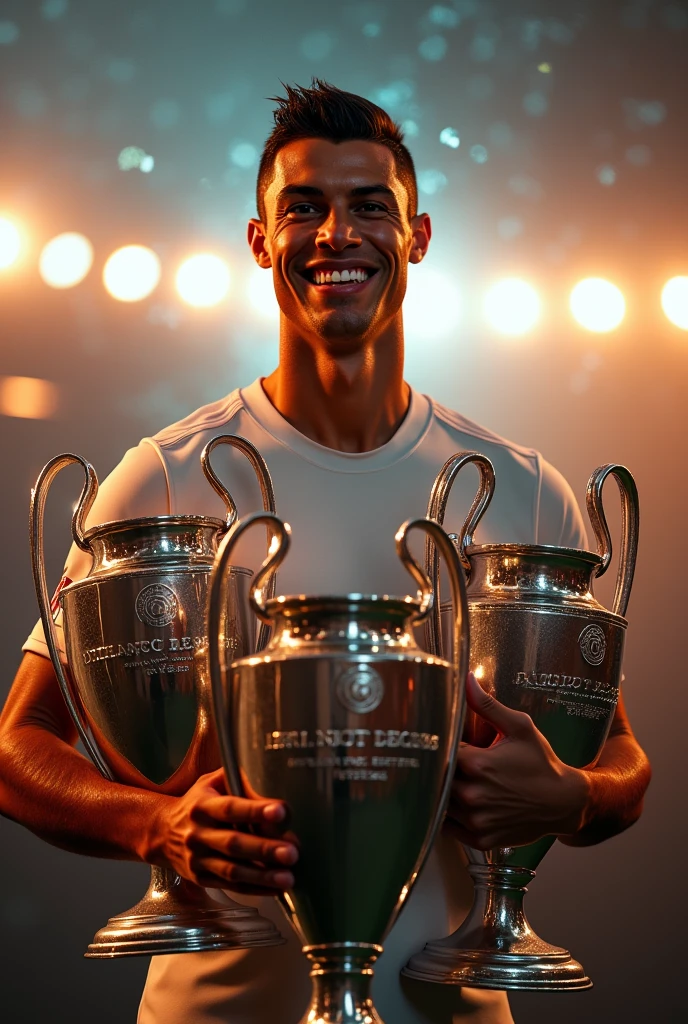 Ronaldo and his Trophies** :
   "Cristiano Ronaldo posant fièrement avec plusieurs trophies de la Ligue des Champions, un grand smile sur le visage. The lights shine around him, créant une atmosphère de victory. Keywords : Cristiano Ronaldo, trophies, victory, smile, prestige."

