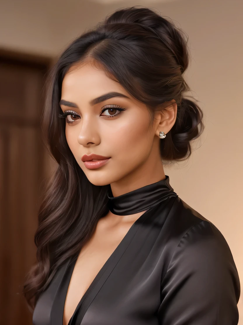 Create an ultra-realistic image of a modern, attractive female influencer of Indian descent, aged between 27 to 30. She should have a warm and inviting smile, expressive almond-shaped eyes with a slight shimmer, and clear, glowing skin with a medium brown complexion. Her features should be well-defined, with high cheekbones and a sharp jawline. Her hair should be long, thick, and styled in a classic chignon with delicate pearl hairpins, with a deep, reddish-purple hue that’s bold yet sophisticated. She should have a slender yet athletic build with gigantic breasts (plump: 1.3) (((Create a close-up image featuring the upper body of a young woman exuding elegance and confidence. She is wearing a stylish, form-fitting [describe the clothing, e.g., "black satin blouse"] that accentuates her figure tastefully. The neckline is [describe the neckline, e.g., "modestly low-cut or V-shaped"], adding a touch of sophistication to her appearance. Her skin has a natural, healthy glow under soft, flattering lighting that highlights the smoothness and contours of her shoulders and collarbone. Her hair is [describe hairstyle, e.g., "loosely cascading in gentle waves around her face"], and her expression is serene and poised. The background is subtly blurred with warm tones, ensuring all focus remains on her, and creating an intimate, refined atmosphere.))))