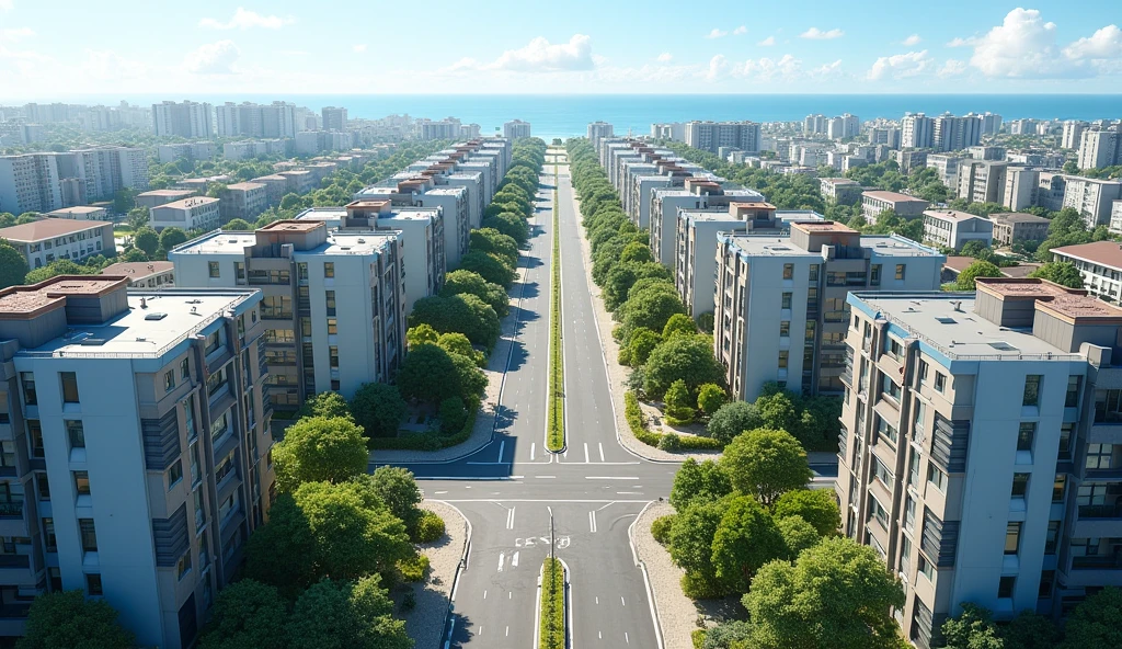Aerial view of a symmetrical coastal city with a central boulevard lined with palm trees and green spaces. The boulevard is flanked by two wide multi-lane streets., Each is bordered by high-rise residential and office buildings, 120 metres high and 33 stories high.. The buildings vary in color and style., Some have flat roofs and others have sloping roofs.. The city stretches out towards the horizon and in the distance lies a park. Crosswalks and intersections are visible, which indicates a well-planned urban infrastructure. The overall scene is bright and clear, which suggests a sunny day. image is realistic