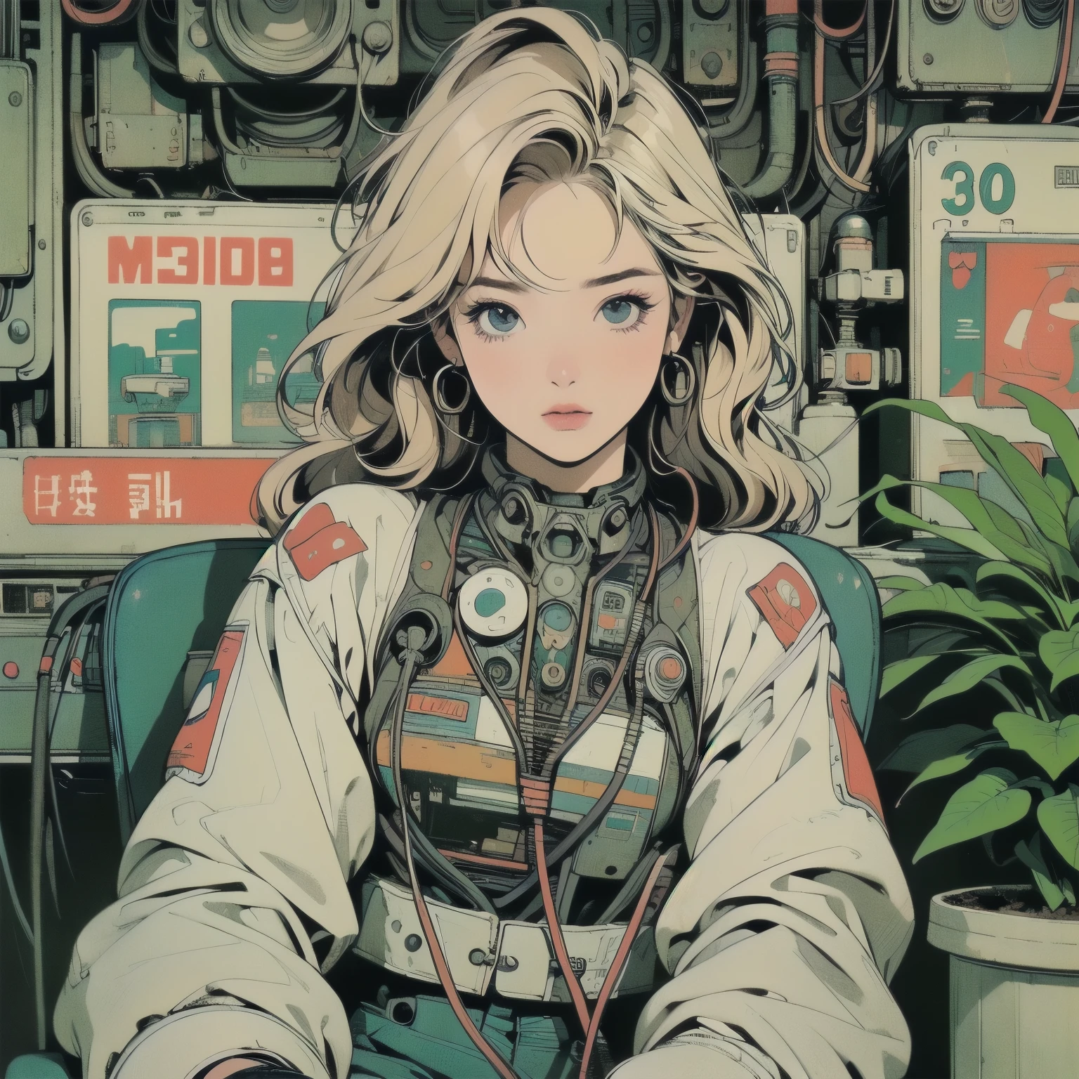 (((masterpiece, Highest quality)))、(((32K Wallpapers)))、The most detailed machine、((Outdated machinery and a woman)))、The most detailed background、(((Flat Chest)))、(((Surrounded by many complex, sophisticated, Outdated machinery)))、Upper Body、 (one person:1.2), ((Overall colorfully))、A perfect Outdated machinery、(((Perfect Face)))、(((The most complete Outdated machinery)))、Detailed Hair、(((White space suit)))、(((a lot of billboard))), (((Lots of cables)))、(((Sit on a chair)))、engine、(((plant)))、Close-up