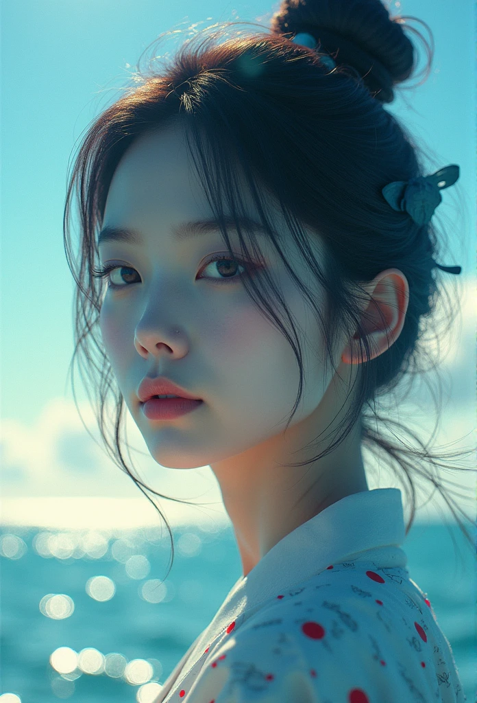 Clear day, breathtaking silhouette of young beautiful face with shining transparent features, looking directly into camera, vast blue sea, golden horizon, typography, large "SeaArt" text in gradient in the center (Best quality, 8k, High resolution, Masterpiece: 1.2), Highly detailed (Realistic, Photorealistic, Realistic: 1.37), HDR, studio lighting, vivid colors, dramatic lighting,japanese woman