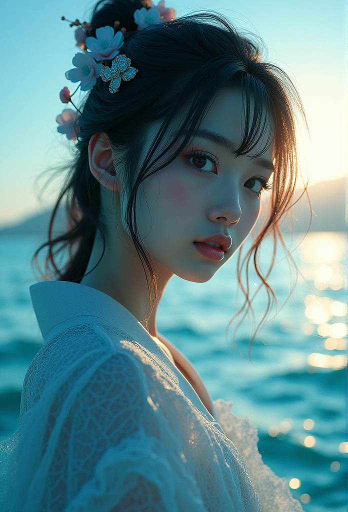 Clear day, breathtaking silhouette of young beautiful face with shining transparent features, looking directly into camera, vast blue sea, golden horizon, typography, large "SeaArt" text in gradient in the center (Best quality, 8k, High resolution, Masterpiece: 1.2), Highly detailed (Realistic, Photorealistic, Realistic: 1.37), HDR, studio lighting, vivid colors, dramatic lighting,japanese woman