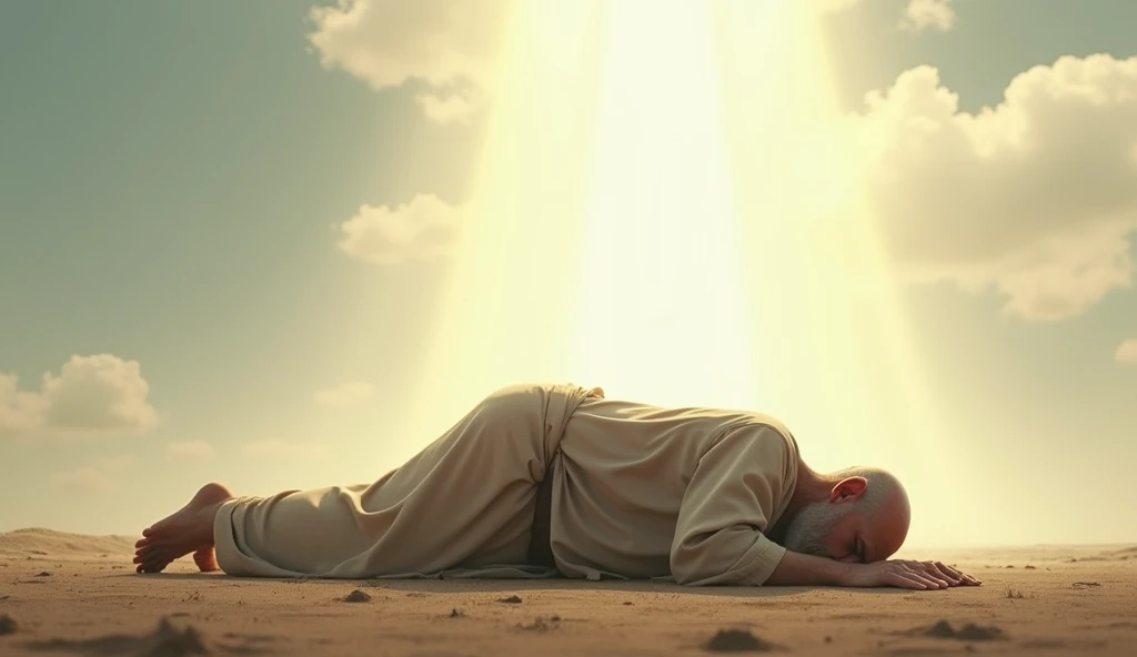 Create an image of Job an elderly man with a shaved head prostrate on the ground, in humility, with head bowed and hands folded, as he answers to God. Show a soft light coming from the sky, suggesting the divine presence. The scenario should be simple, with a clear or partly cloudy sky, reflecting Job's reverence and acceptance of God's greatness."