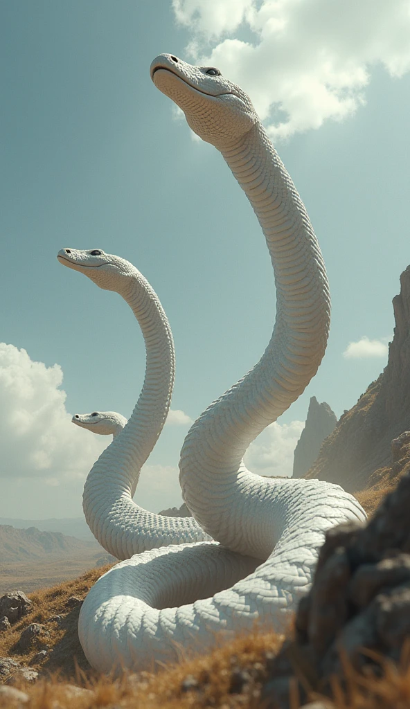 ((best quality)), ((masterpiece)), (detailed), a giant snake moving on a large land seen from above, the giant snake has 3 heads, the snake is white, the heads of the snakes are moving looking up at the sky