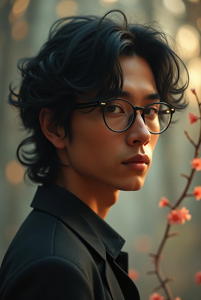Create my ideal type, man, high like 1.85m, thin but marked, brownish skin, long wavy messy high hair, Without beard, with glasses, puppy eyes, about 1