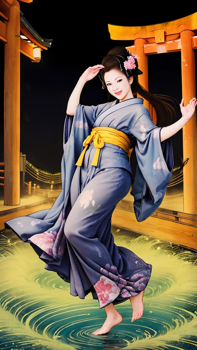 (SeaArt、I create amazing digital illustrations of beautiful women in kimonos)、Beautiful woman smiling and showing her upper white teeth、Vividly colored Ukiyo-e style illustrations、Brown-black long hair、Beautiful full body style、If you want to dance, Dance to the Tokyo Ondo, Good good、Beautiful new digital paintings,、 Bright and vibrant digital anime art、Beautiful anime portraits、Background、Torii gate of a Japanese shrine.、Detailed digital anime art、
