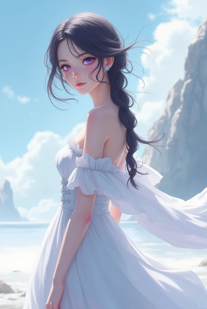 1 girl,High resolution,  high quality,  masterpiece, mxmkWhiteDress,  bare shoulder, purple eyes, White dress, braid, Shocks, playa