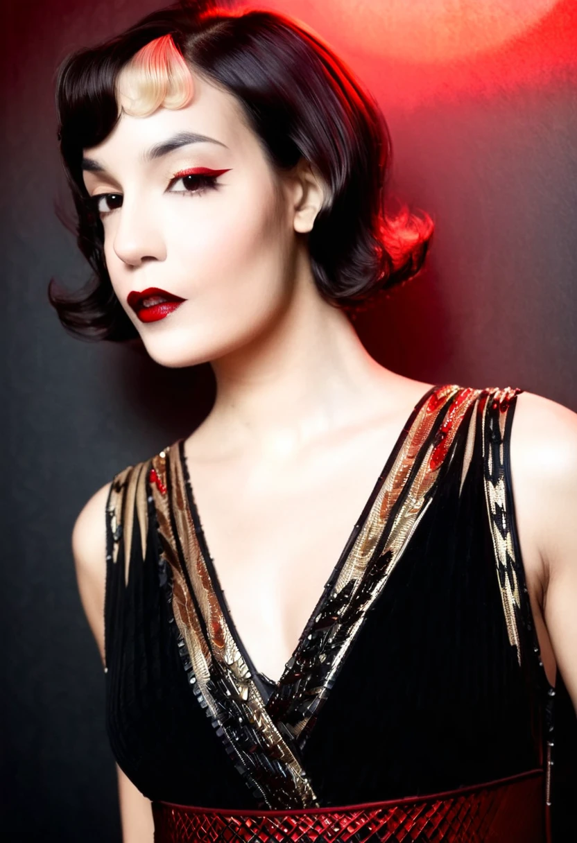 Photo noire et blanc, film noir style, Maginifique, 1fille, Seulement, demi-corps, Dramatic lighting, monochrome, high contrast, ombres dramatiques, flapper 20s style, Mysterious, cinematic, Bright red lips (((Only lips red))), looking at the viewer
