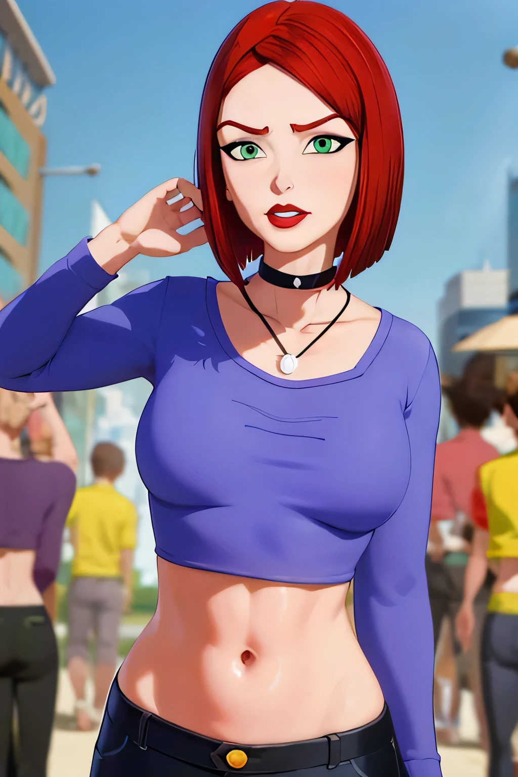 straight-on,pose,looking at viewer,solo, BREAK,
CARTOON_merry_jane_watson_SMTAS_ownwaifu, www.ownwaifu.com, 3d, 
red hair, short hair, green eyes, breasts, makeup, lipstick, red lips, bob cut, lips, choker, jewelry, necklace, black choker, blue shirt, crop top, long sleeves, black_pants, jeans, denim, wristband, super fine illustration, vibrant colors, masterpiece, sharp focus, best quality, depth of field, cinematic lighting, ultra detailed, belly, belly button, bellybutton, navel, tummy, wide hips, angry, chestnut mouth, parted lips