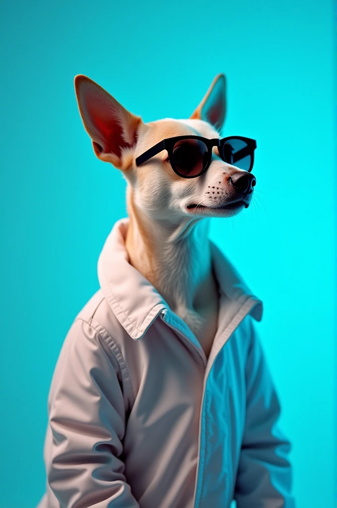 The best cell phone wallpaper, Award-Winning Wallpaper, portrait photography, In the front view is a portrait of a cute dog wearing mid-1960s space age fashion, Side view photo, Shot with Canon EOS R5, Set a strong contrast that accentuates the subject, Fluorescent blue tone, Wearing a very modern coat and sunglasses is a modern 1960s style, Clothes all in one color, beautiful background