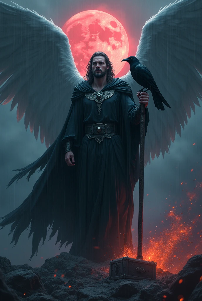 create an 8k ultra image of an archangel Gabriel in black clothing, with blue eyes, crushing a demon with his foot, and lifting Thor's hammer with his hand, in a dark environment, with black clouds, a little rain as if the sky was crying, above his right shoulder the raven of Odin. with a red moon in the background,