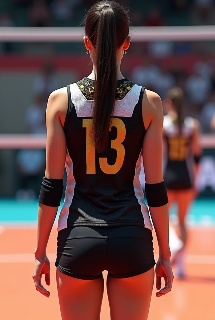 Show me a sketch of women's volleyball uniform from different points of view with these specifications:
Let the predominant color be black with details in white and red.
Have sleeveless and sleeveless options.
With gold pattern on the back.