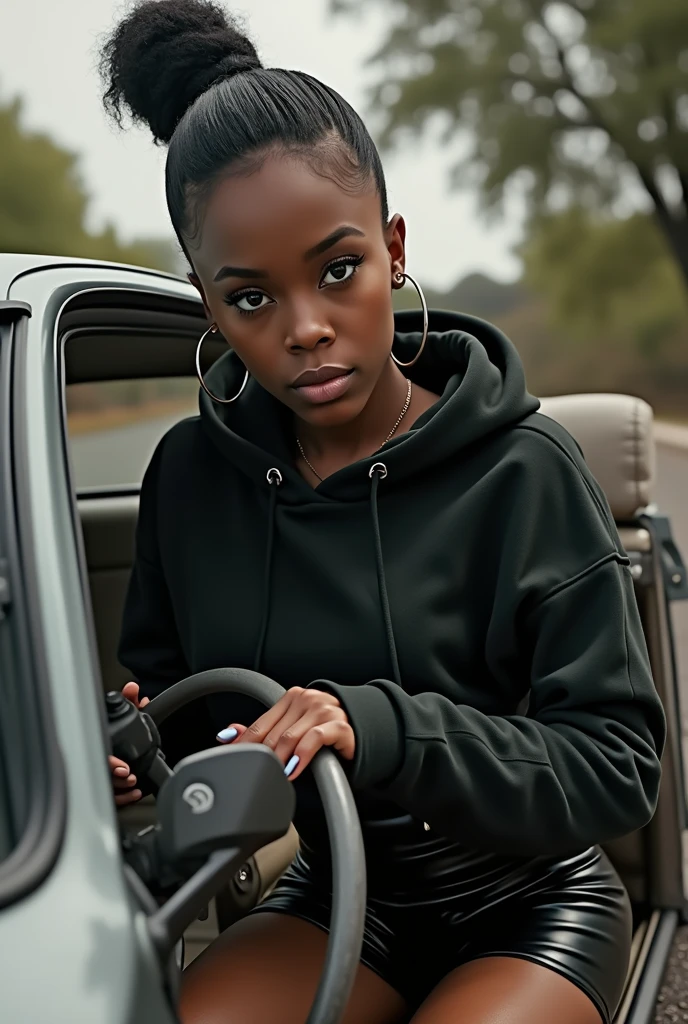 black woman hair in a bun black hoodie black leather short shorts setting in car in the drivers seat, camera under the steering wheel looking up at her 